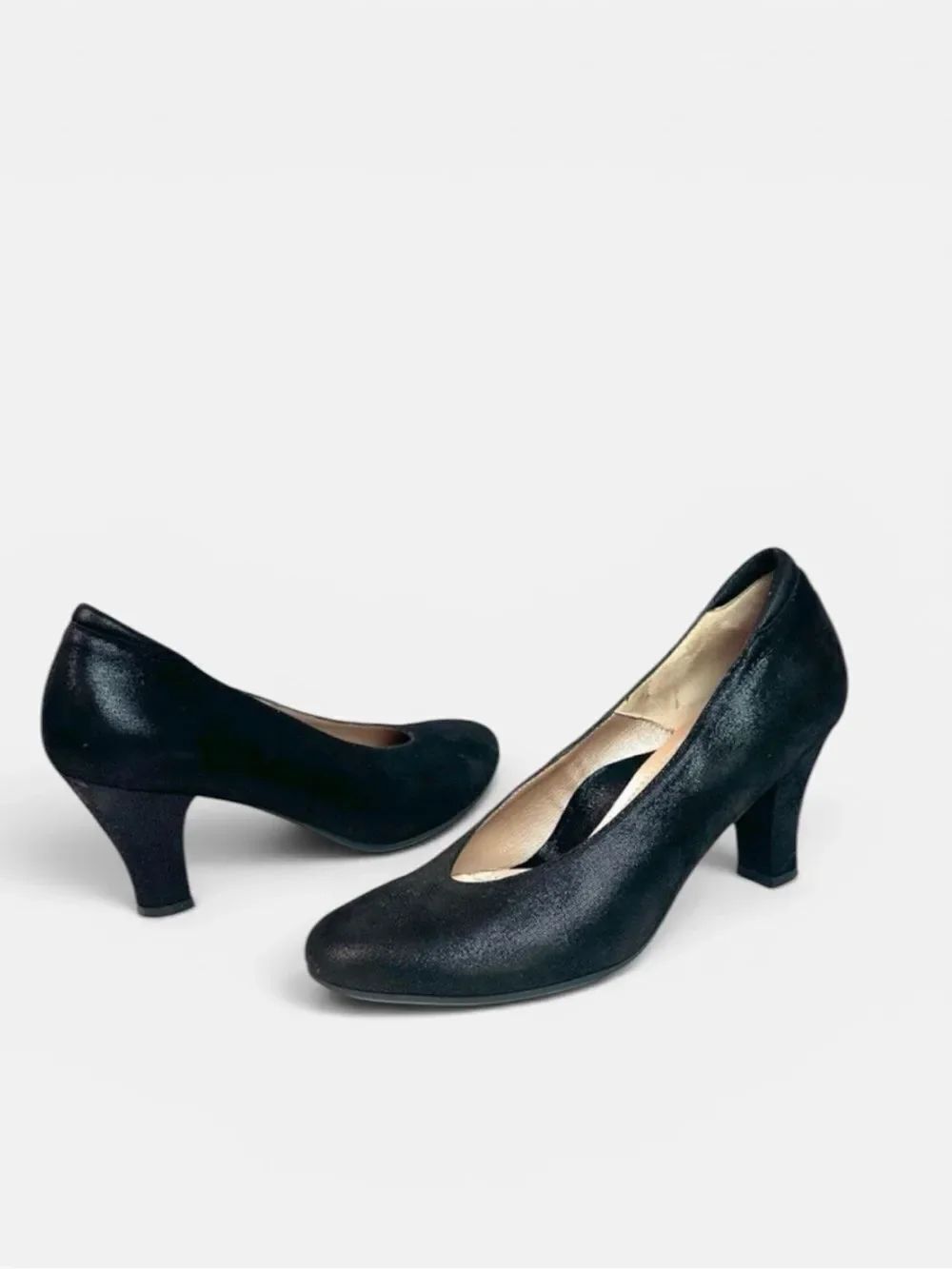BEAUTIFEEL Ruby Black Pumps Heels Sparkly Suede Round Toe Comfort size 38 US 7,5